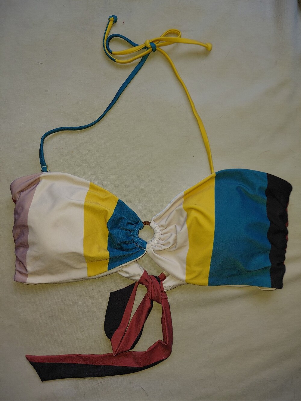 O'Neill Teal Yellow White Pink Colorblock Halter Bikini Top